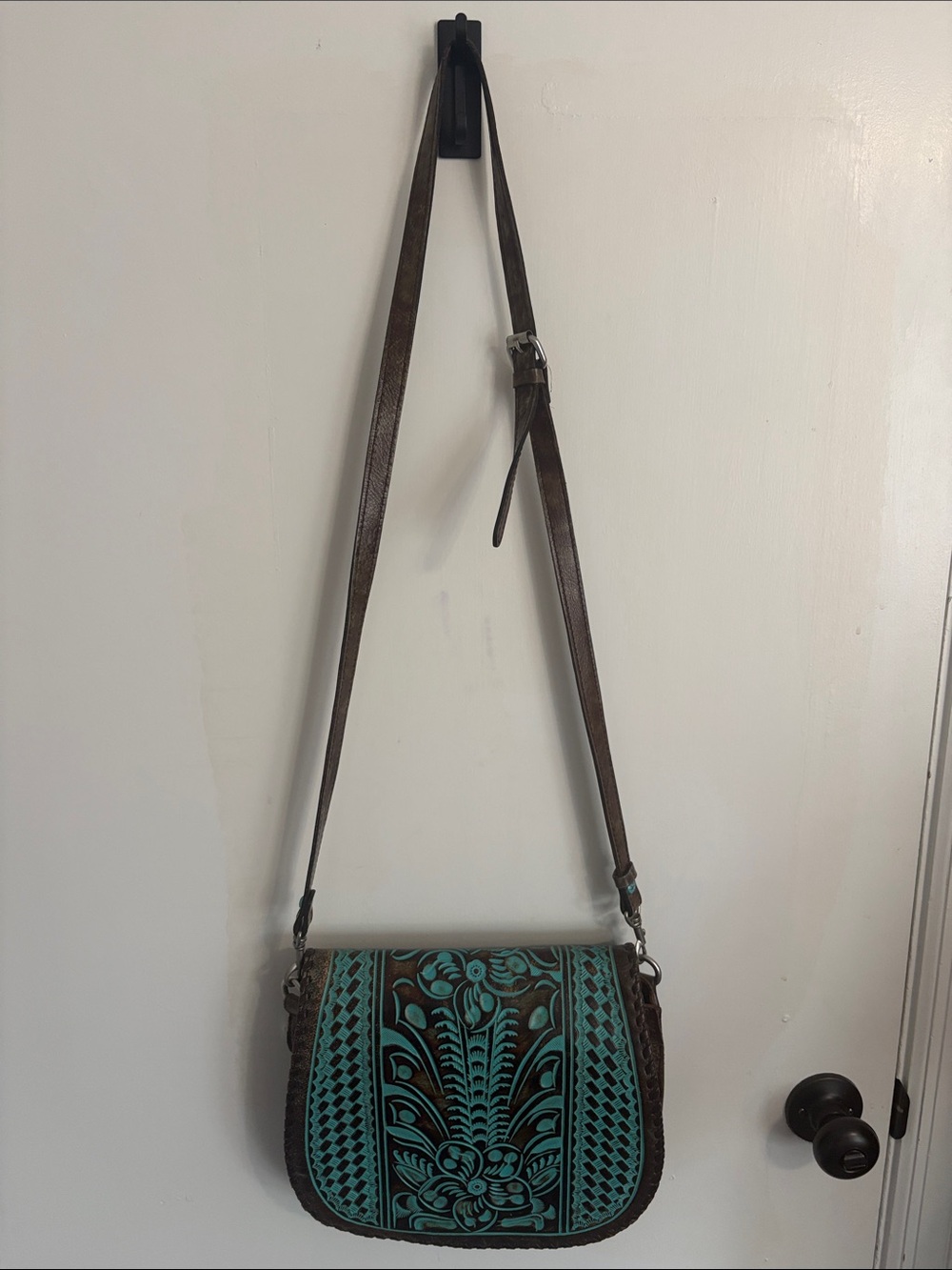 Patricia Nash Brown Leather Crossbody with Teal Tooled Floral Panel